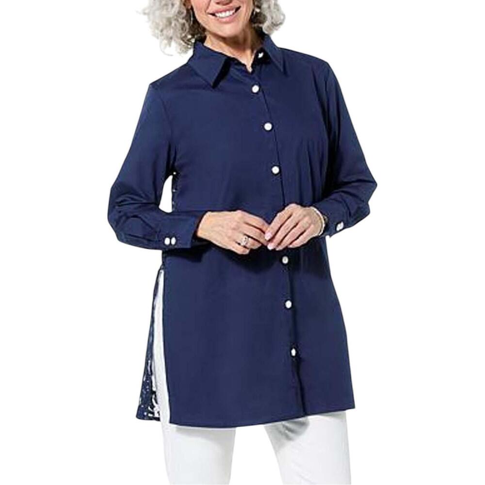 Colleen Lopez Women's Woven Button Front Topper w/ Lace Back Navy - Regular